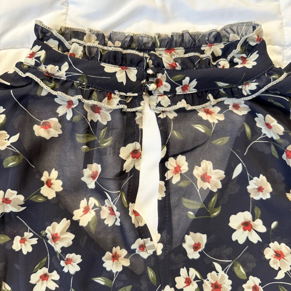 POL Navy Floral Ruffle Sheer Blouse Women’s Large Boho Romantic Cottagecore NWT - Picture 5 of 10